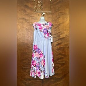 London Times Asymmetrical Waist Fit & Flare Dress Womens 12 Blue Floral Wedding